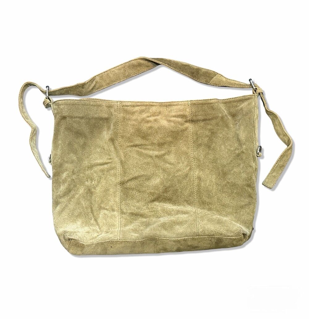 ASOS Design Suede Leather Tote Boho Bag with Buckle Khaki Green